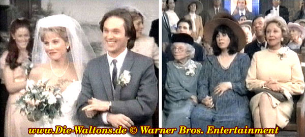 Links das Hochzeitspaar John-Boy und Janet. Rechts Jasons Frau Tony die genau zum Ja-Wort von John-Boy ihr Baby Petsy Klein Walton bekommt.